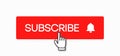 Subscribe button and hand click pointer cursor. Social media red buttons of bell and subscribe to channel or blog. Vector Royalty Free Stock Photo